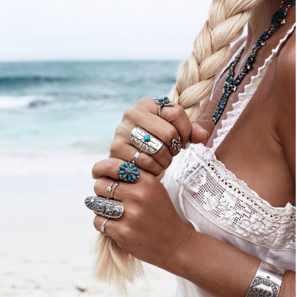 🍒 BOHO Silver Turquoise  Rings 🌵 Set of 9 - Picture 2 of 8